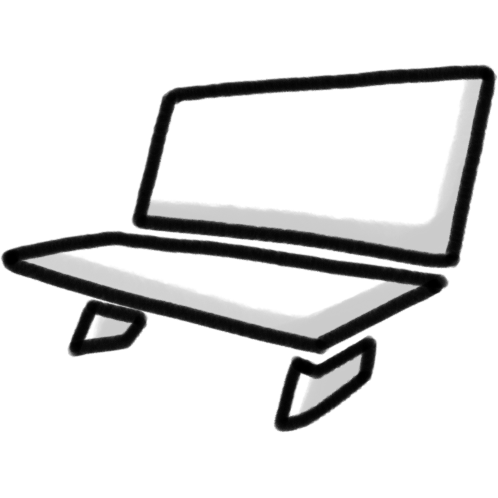 A simple representation of a bench using three 2D planes, one for the seat, one for the back rest, and two for the feet of the bench. The bench is black, outlined in white.